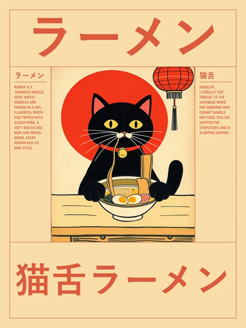AI-generated poster: a black cat with its paws on the table slurps one long noodle straight from a ramen bowl, in front of a red sun with a red paper lantern. Big katakana ラーメン on top, 猫舌ラーメン at the bottom.