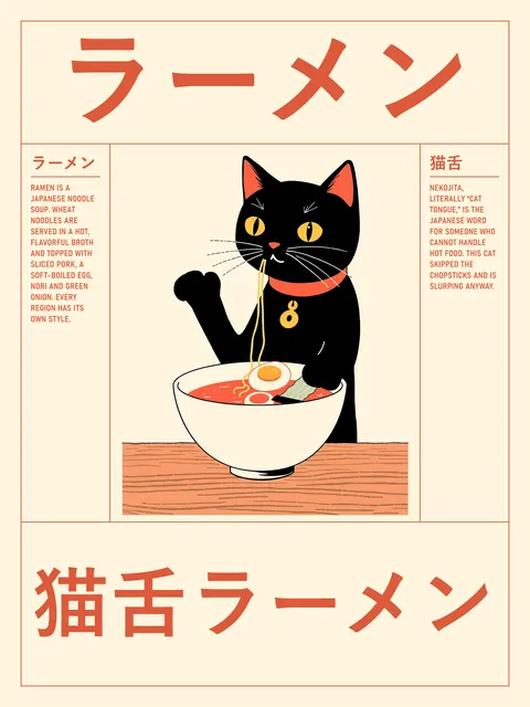AI-generated poster. Black cat with a noodle hanging from its mouth, black and coral print.