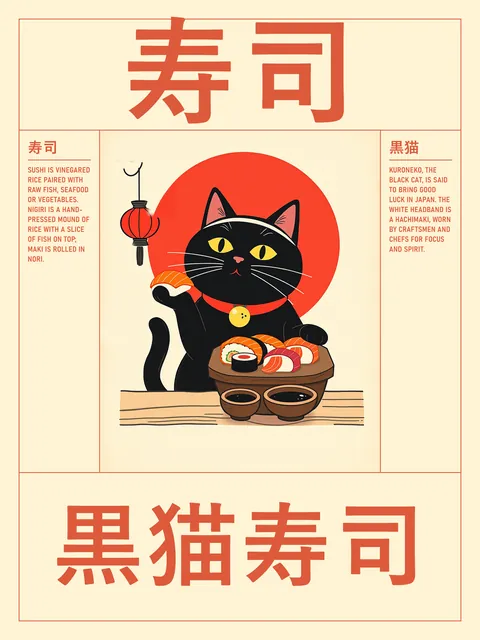 AI-generated poster. Black cat in a headband holding salmon nigiri, red sun behind.