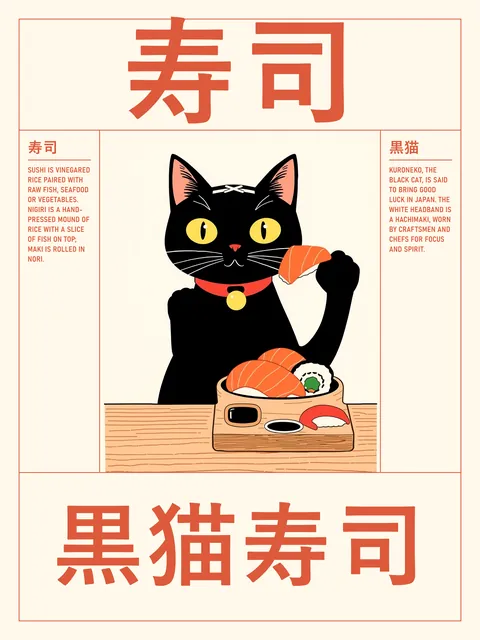 AI-generated poster. Black cat in a headband holding salmon nigiri, black and coral print.