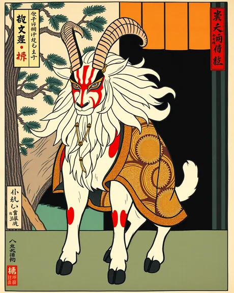 AI-generated kabuki goat with a flowing white mane and gold robe: The Lead.
