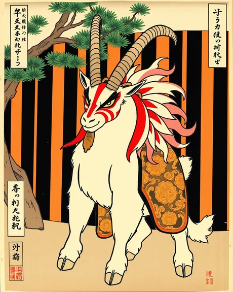AI-generated kabuki goat with a red and pink mane: The Trickster.