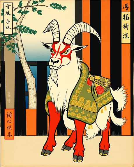 AI-generated kabuki goat with red legs and a green robe: The Elder.