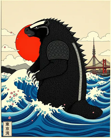 Ukiyo-e style poster: armored honey badger kaiju beside Tokyo Tower and a red bridge, cherry blossoms drifting over blue waves.