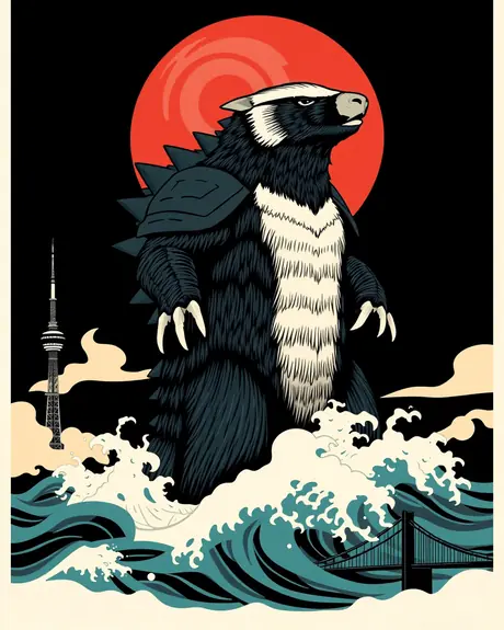 Black-background vector poster: armored honey badger kaiju rising from stylized waves in front of a huge red sun, Tokyo Tower at left.