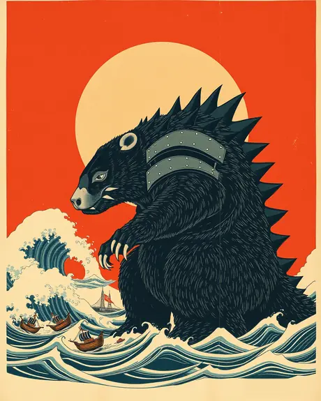 Vintage-style poster on an orange background: armored kaiju rising from waves, small wooden boats in the foreground.
