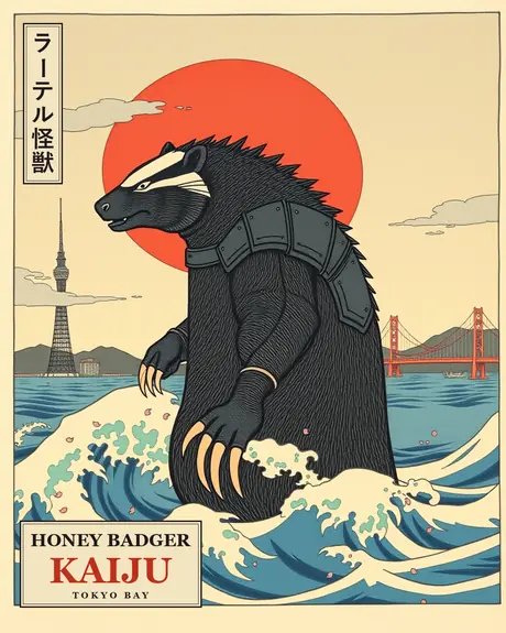 Ukiyo-e style poster: a giant armored honey badger standing waist-deep in Tokyo Bay under a red sun, with Tokyo Tower and a red suspension bridge behind it. Title boxes read Honey Badger Kaiju, Tokyo Bay.