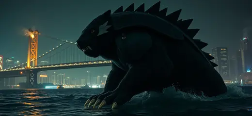 Round 1 draft, take 2: cinematic night render of an armored honey badger kaiju in Tokyo Bay.