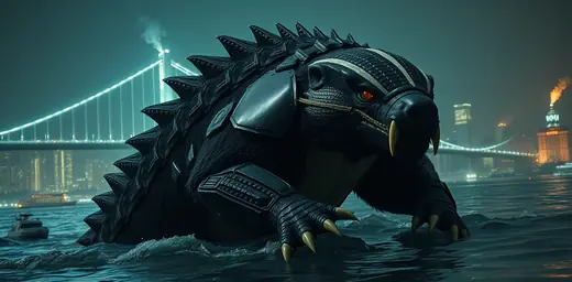 Round 1 draft, take 3: cinematic night render of an armored honey badger kaiju in Tokyo Bay.