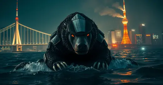 Round 2 draft, take 1: cinematic render of an armored honey badger kaiju with Tokyo landmarks behind it.