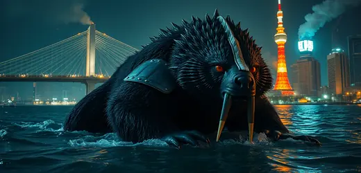 Round 2 draft, take 3: cinematic render of an armored honey badger kaiju with Tokyo landmarks behind it.