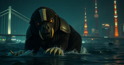 Round 2 draft, take 5: cinematic render of an armored honey badger kaiju with Tokyo landmarks behind it.