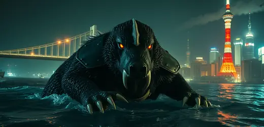 Round 2 draft, take 6: cinematic render of an armored honey badger kaiju with Tokyo landmarks behind it.