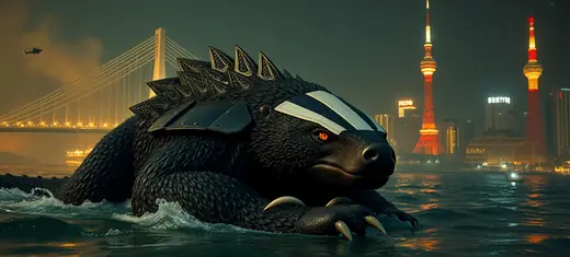 Round 2 draft, take 7: cinematic render of an armored honey badger kaiju with Tokyo landmarks behind it.