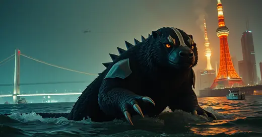 Round 2 draft, take 8: cinematic render of an armored honey badger kaiju with Tokyo landmarks behind it.