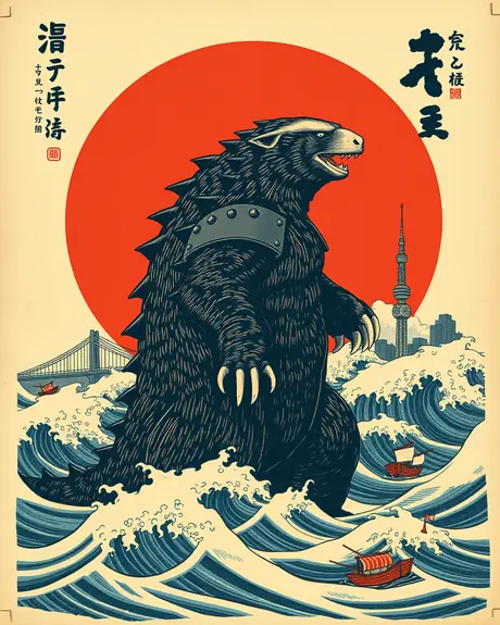Round 3 draft, vintage paper poster, take 4: armored honey badger kaiju standing in waves in front of a red sun.