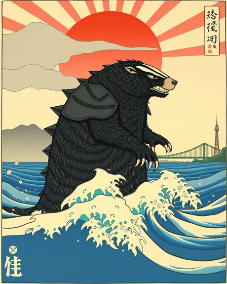 Round 3 draft, ukiyo-e print, take 1: armored honey badger kaiju standing in waves in front of a red sun.