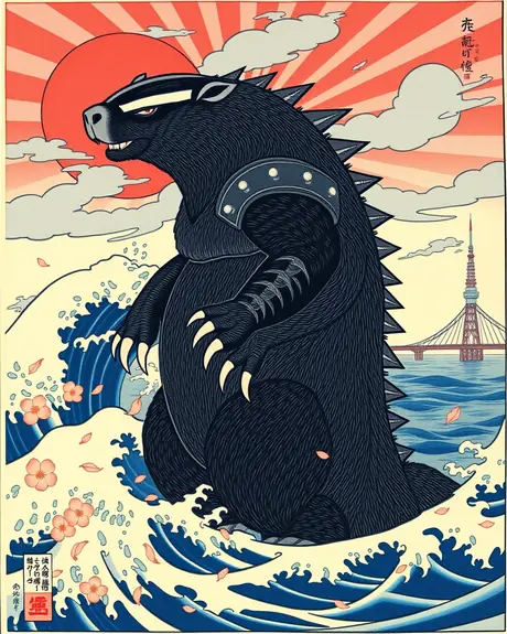 Round 3 draft, ukiyo-e print, take 3: armored honey badger kaiju standing in waves in front of a red sun.