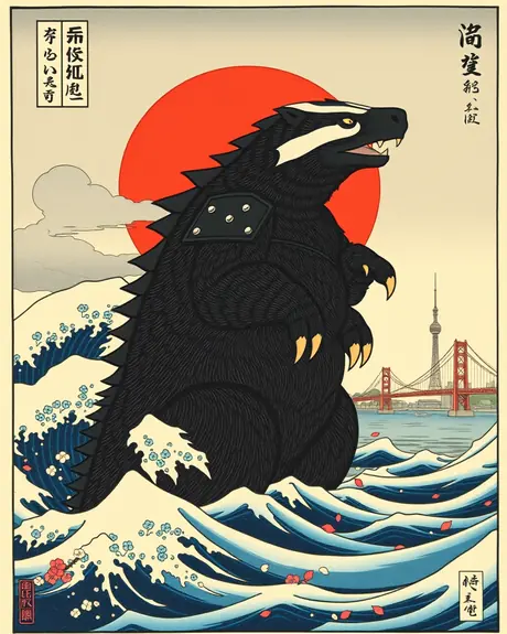 Round 3 draft, ukiyo-e print, take 4: armored honey badger kaiju standing in waves in front of a red sun.