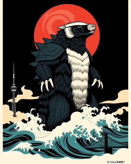 Round 3 draft, bold black and red vector poster, take 1: armored honey badger kaiju standing in waves in front of a red sun.