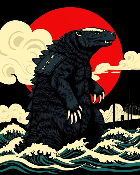Round 3 draft, bold black and red vector poster, take 3: armored honey badger kaiju standing in waves in front of a red sun.
