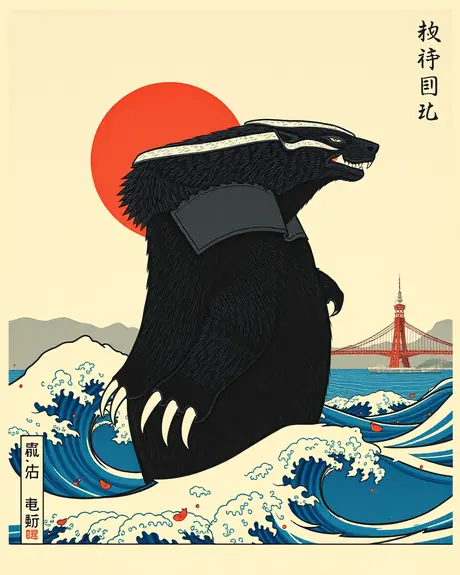 Round 4 draft, ukiyo-e redraw (two-arms prompt), take 2: armored honey badger kaiju in Great Wave style swells.