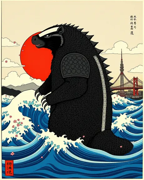 Round 4 draft, ukiyo-e redraw (two-arms prompt), take 3: armored honey badger kaiju in Great Wave style swells.