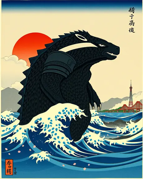 Round 4 draft, ukiyo-e redraw (two-arms prompt), take 4: armored honey badger kaiju in Great Wave style swells.