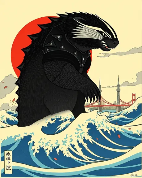 Round 4 draft, ukiyo-e redraw (one-arm prompt), take 2: armored honey badger kaiju in Great Wave style swells.