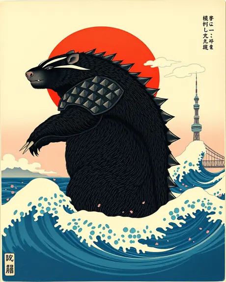 Round 4 draft, ukiyo-e redraw (one-arm prompt), take 3: armored honey badger kaiju in Great Wave style swells.