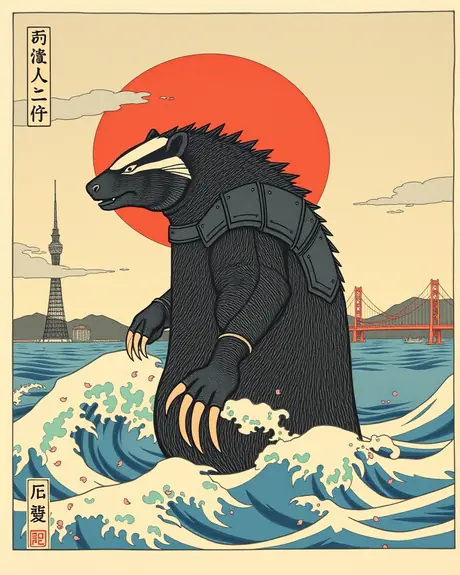 Round 4 draft, ukiyo-e redraw (one-arm prompt), take 4: armored honey badger kaiju in Great Wave style swells.